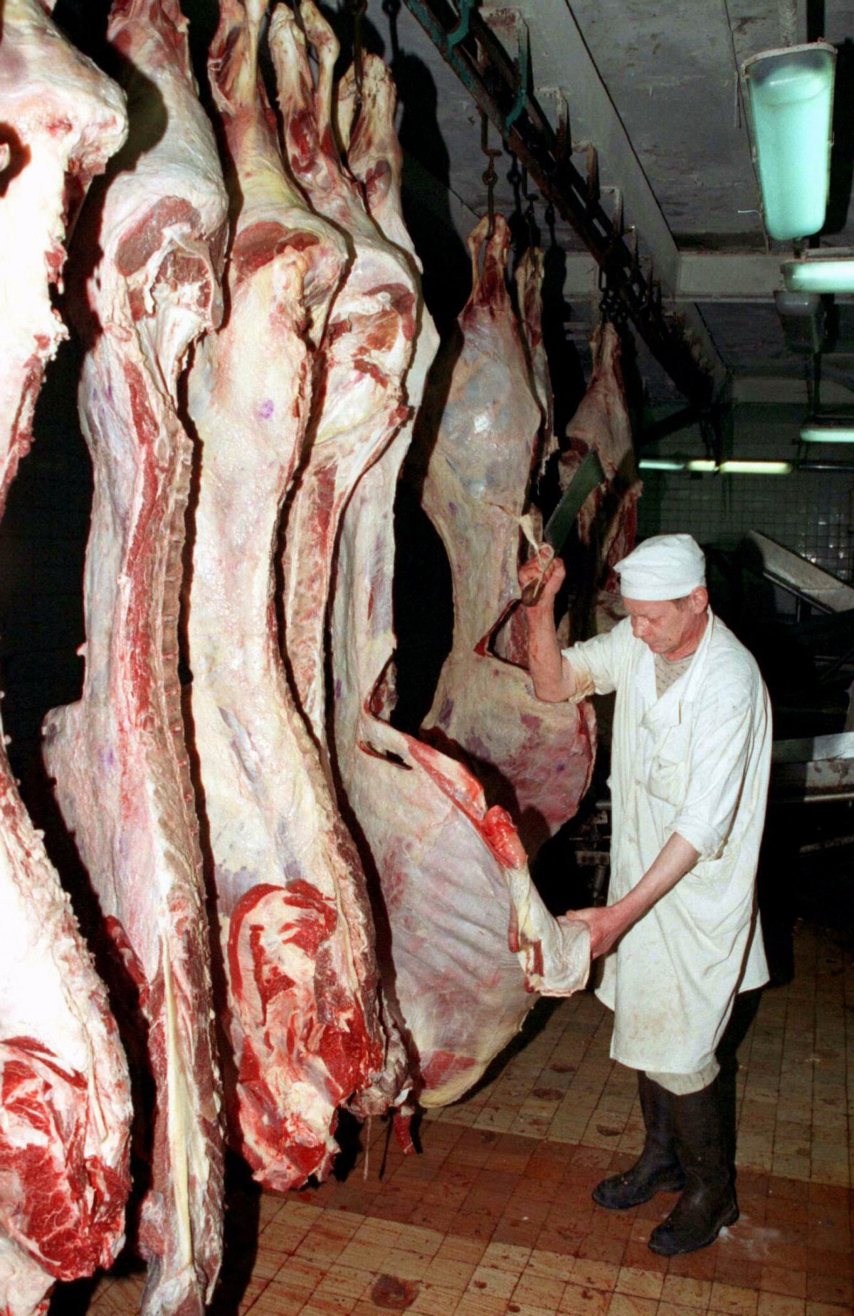 Reuters / Un macellaio russo taglia della carne importata in un macello moscovita, marzo 1996
